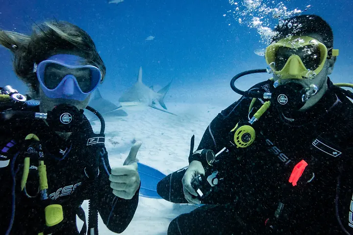 A deep (27m/90ft) dive in with the bull sharks